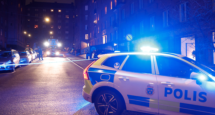 De blå ljusen på en polisbil lyser i mörkret.