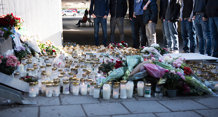 Massor av ljuslyktor och blommor på marken. Människor står bredvid och tittar.
