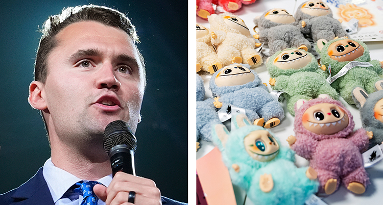 Två bilder. En på en man som pratar i mikrofon. En på många dockor som ligger ner.