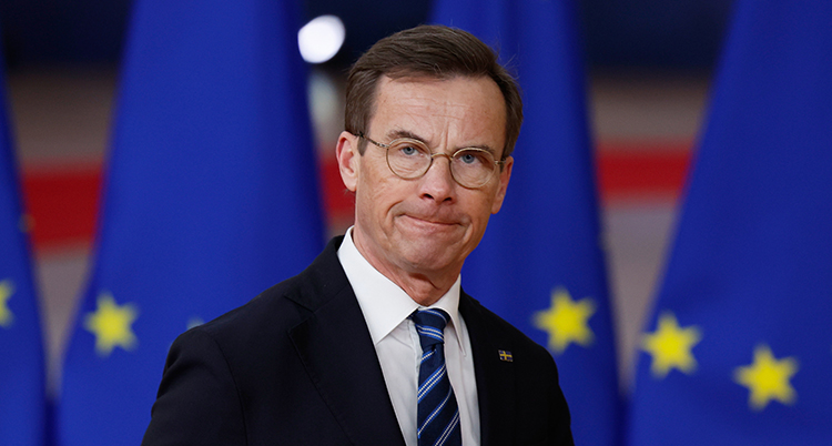 Han ser allvarlig ut. I bakgrunden syns EUs blå flaggor.