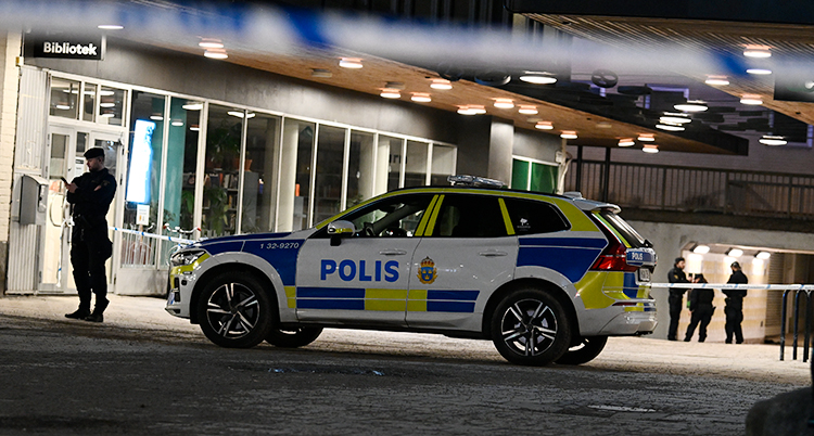 Det är mörkt ute. Det är poliser och polisbilar i Fruängens centrum i Stockholm.