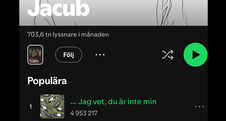 Låtens namn står textad. Under står det hur många gånger den har spelats.