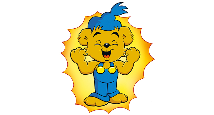 En tecknad björn med blå mössa och blå byxor.