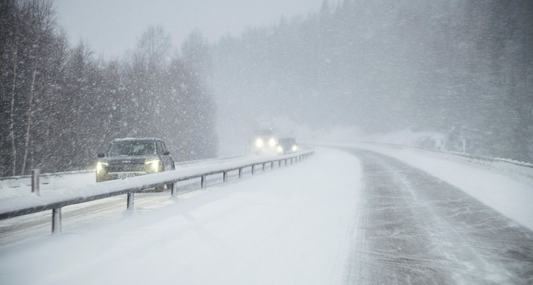 Snö som faller och blåser över vägen E4 där det kör bilar.