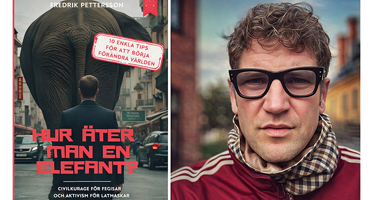 Bokets omslag intill ett porträtt.