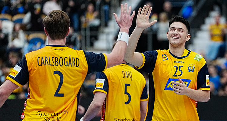 Han och en annan spelare slår ihop sina handflator, gör high-five.