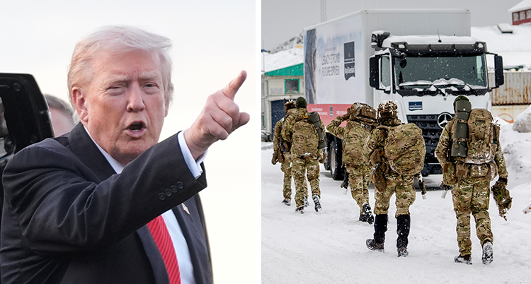 En bild visar Trump som pekar. Den andra visar soldater som går längs en gata på Grönland.