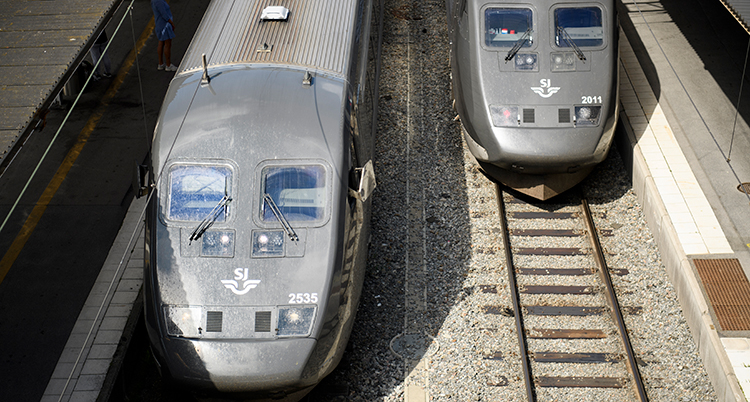 Två tåg står vid en station.