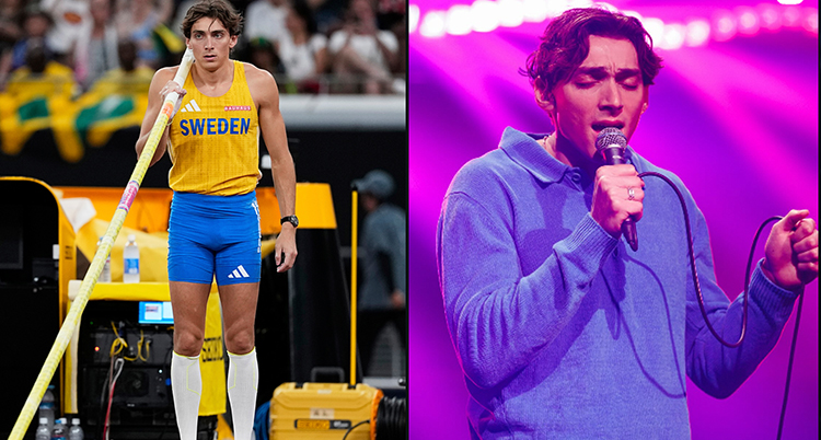 Två bilder bredvid varandra. En med Duplantis i idrottskläder. En där Duplantis sjunger.