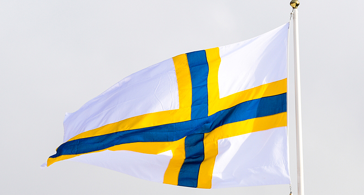 En flagga som är vit med ett kors i gult och blått.