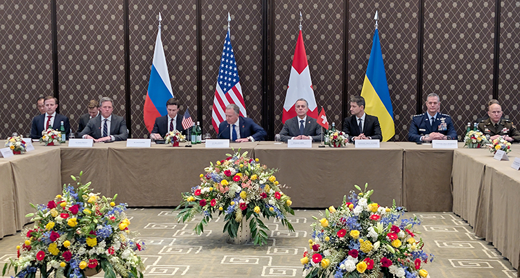 En massa män sitter vid ett bord. Bakom dem finns flaggor. Framför dem finns blommor.