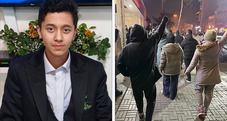 Två bilder som sitter ihop. Till vänster en bild på tonåringen Sina. Han tittar in i kameran. Till höger en bild på folk som protesterar på gatan.