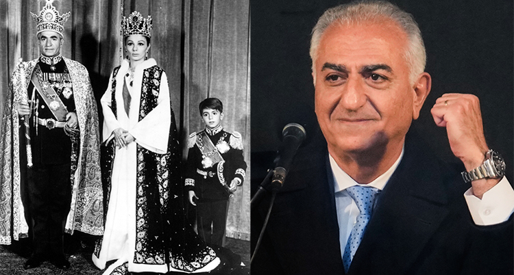 Två bilder bredvid varandra. En svartvit bild på kungaklädda shahen, hans fru och lille son. En bild i färg på shahens son som gammal.