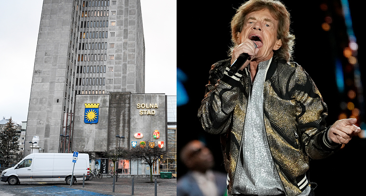 En splitbild på solna stadshus och Mick Jagger.