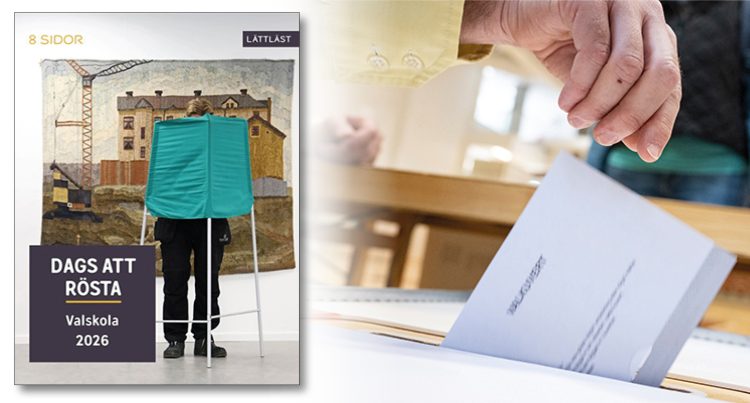 En bild på bokens omslag och en bild på en hand som stoppar ner ett röstkuvert i en låda.