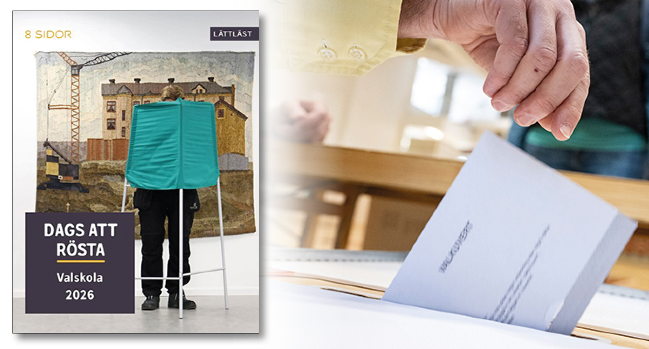 En bild på bokens omslag och en bild på en hand som stoppar ner ett röstkuvert i en låda.