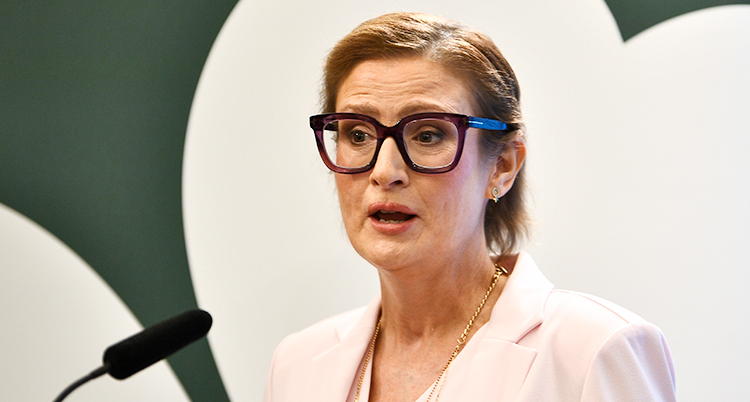 Hon står och pratar i en mikrofon på en träff med journalister.