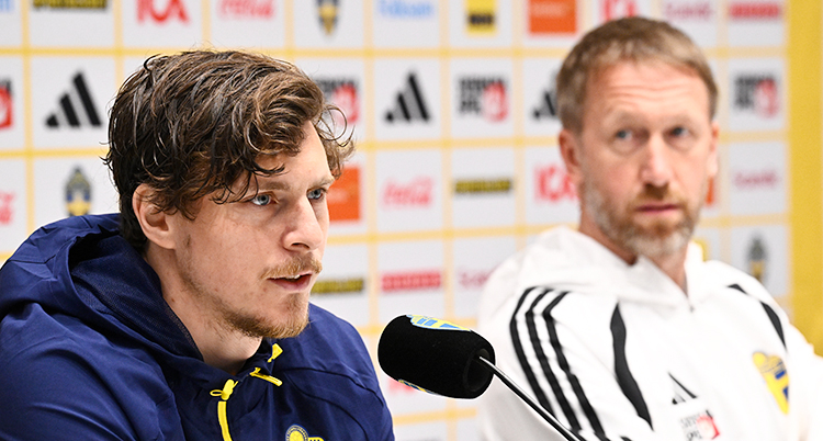 De sitter bredvid varandra och pratar i varsin mikrofon. De är på en träff med journalister.