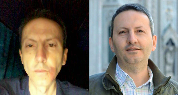 Två bilder som sitter ihop. Det är bilder på Ahmadreza Djalalis ansikte. Till vänster är han i fängelset. Till höger är han fri, innan fängelset.