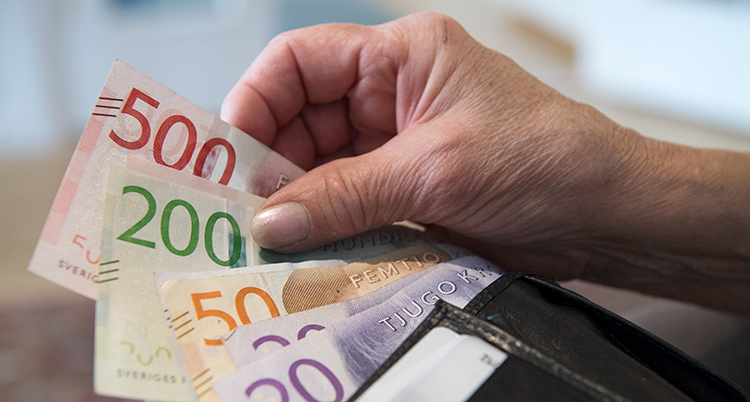 En person tar ut sedlar ur en plånbok.