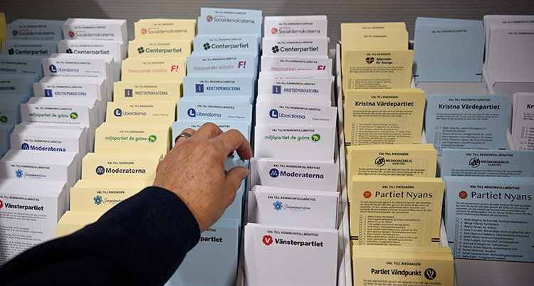 En person står och väljer bland de olika valsedlarna.