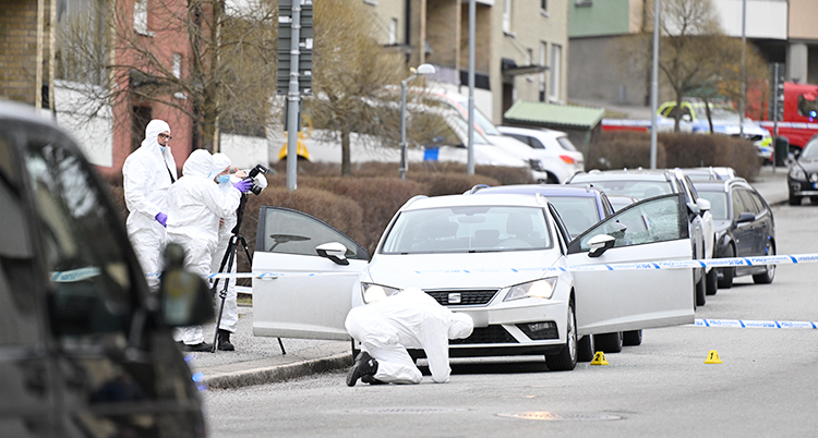 Flera personer i vita overaller undersöker en bil på en gata.