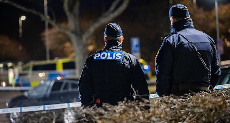 Det är mörkt ute. Två poliser står med ryggen mot kameran.