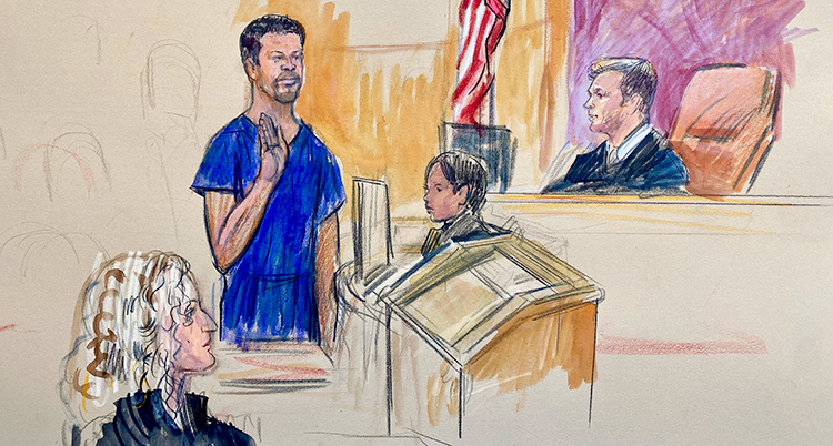 En teckning som visar några personer. Den misstänkta mannen har blå kläder.