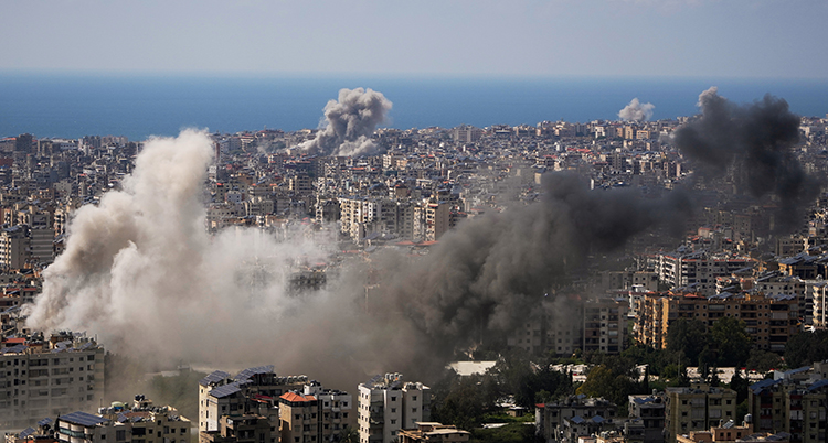 Rök stiger på himlen. Många hus syns.