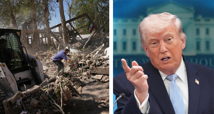 Två bilder. Förstörda delar från en byggnad och Trump som pekar med sin hand.