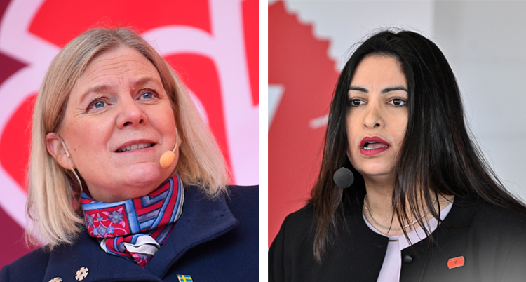 De talar. Deras partiers loggor syns bakom dem.