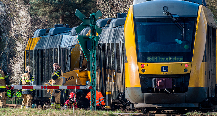 Folk i overaller jobbar vid två gula tåg som krockat.