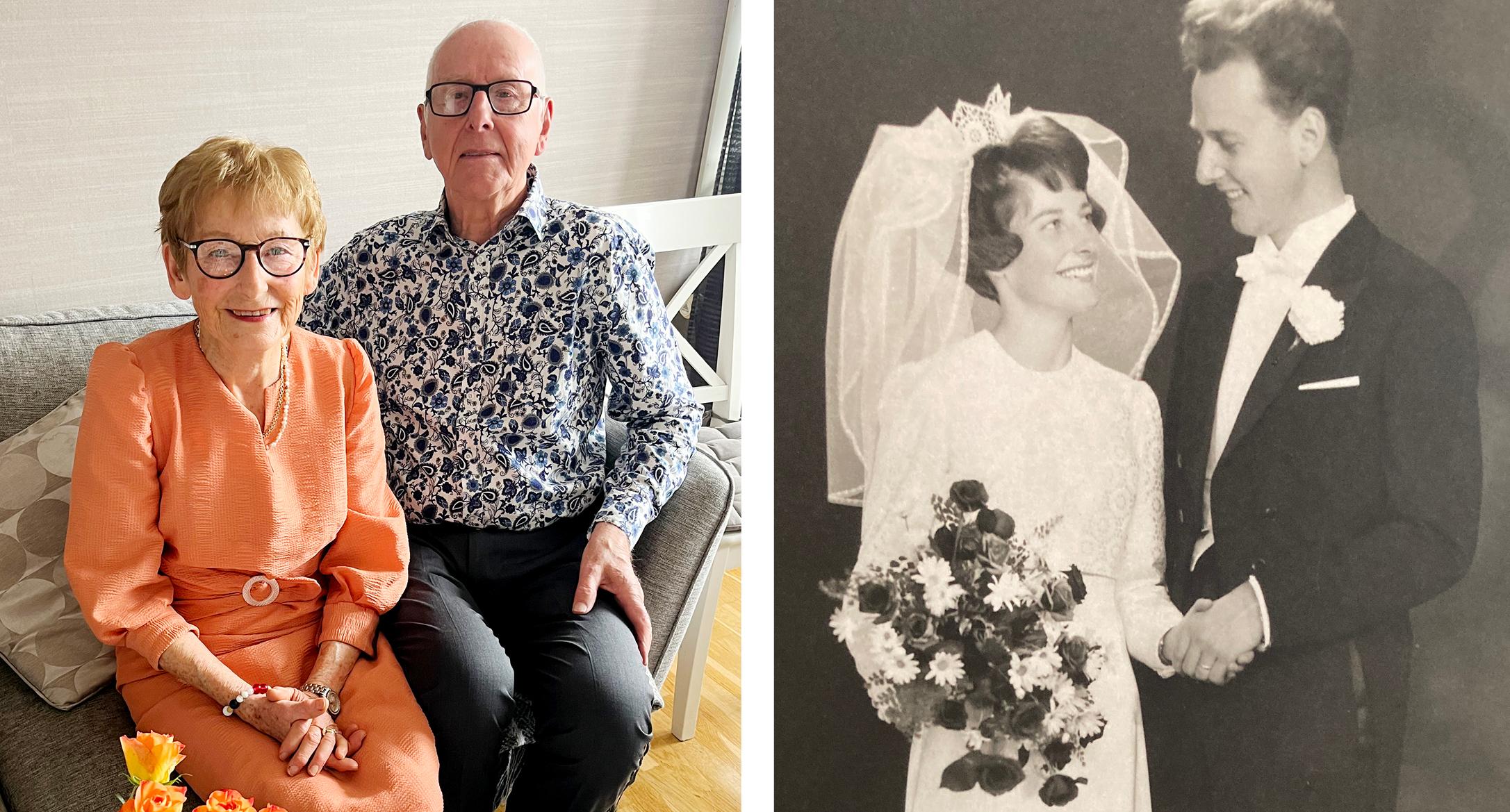 Två bilder. 1. De sitter bredvid varandra på en soffa, de är glada. 2. En svartvit bild när de är ett brudpar. Hon har vit klänning. Han har frack. De är glada.