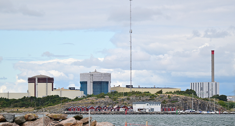 Några små hus vid havet. I bakgrunden syns kärnkraftverket Ringhals.