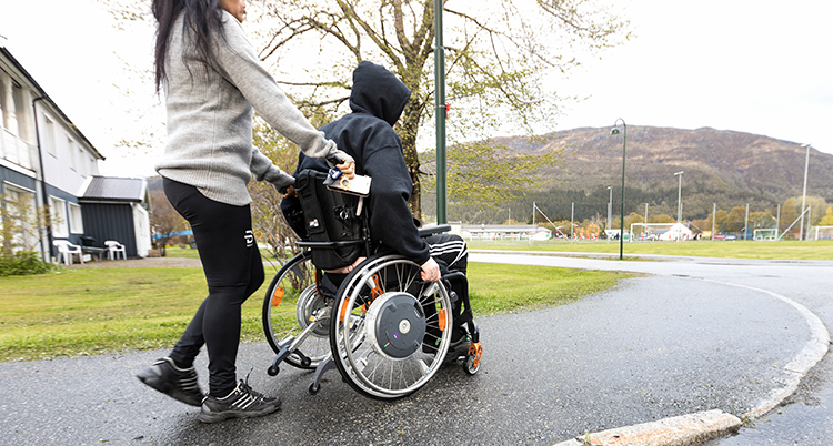 En kvinna kör en man i rullstol på en trottoar. Deras ansikten syns inte.