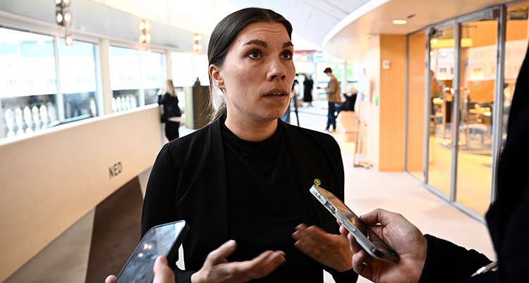 Hon står utanför riksdagens kammare. Hon pratar i mikrofoner.