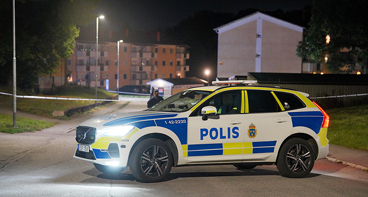 Det är kväll. En polisbil står på en väg framför ett område med lägenheter.