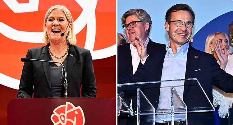 Hon står vid en mikrofon. Bakom henne är Socialdemokraternas ros. Han står framför sina kollegor. Han håller upp händerna.