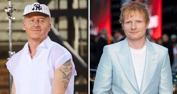 En delad bild. Till vänster artisten Macklemore. Till höger artisten Sheeran.