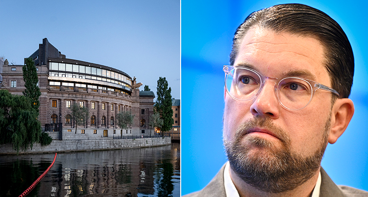 En bild på Sveriges riksdag och Sverigedemokraternas ledare.