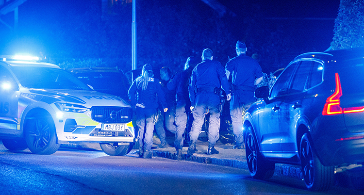 Poliser och polisbilar på natten på en gata.